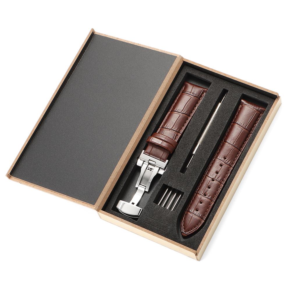 Genuine Leather Strap Band Butterfly Clasp Bracelet Common WristBand Accessories with Wooden Box 16mm 18mm 19mm 20mm 22mm 24mm