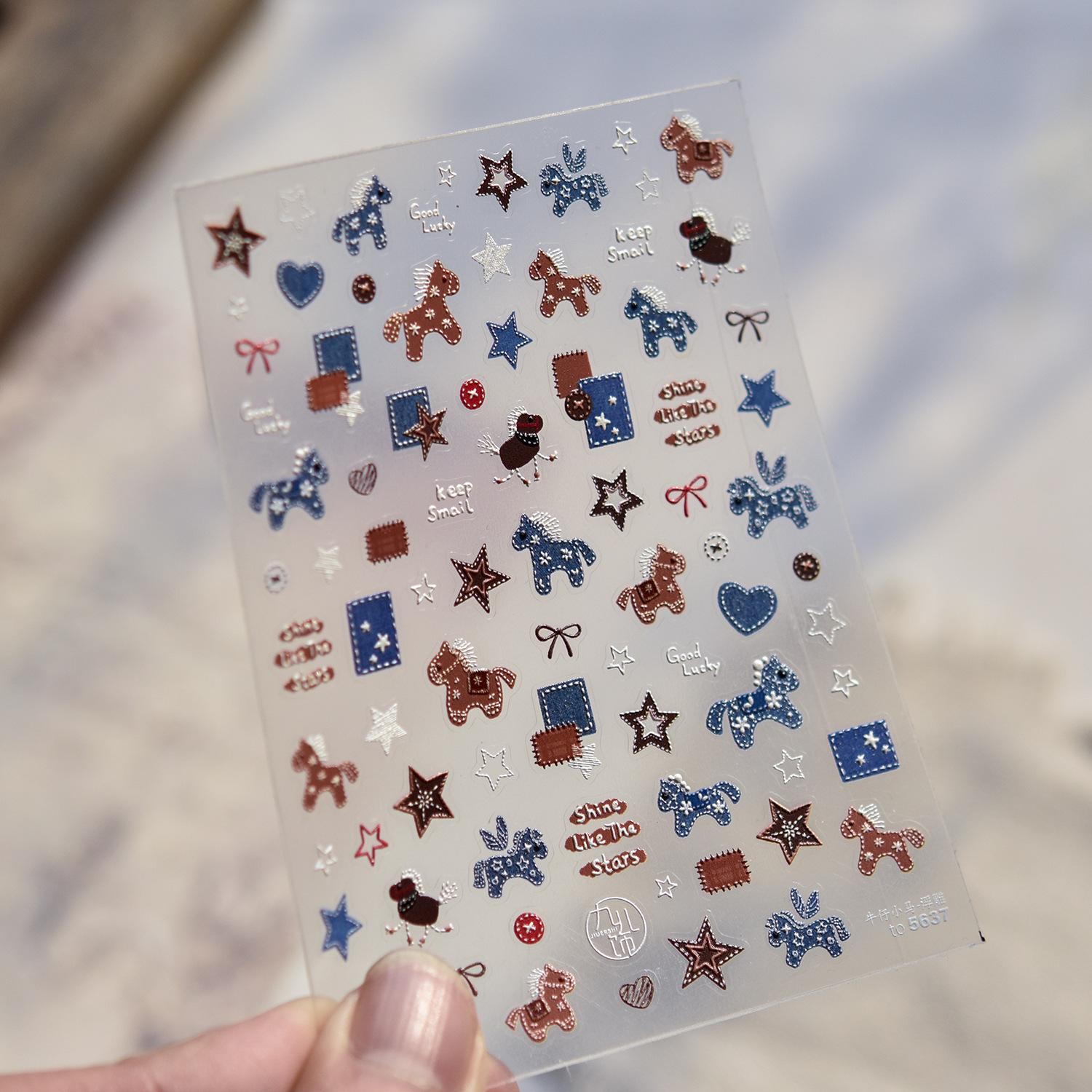 Tomoni Retro Denim and Horse Nail Art Stickers – Embossed DIY Design