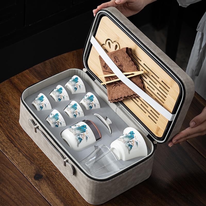 Travel Kung Fu Tea Set Tea Tray Complete Set Dehua White Porcelain Suet Jade Cover Bowl Set Light Luxury Business Companion