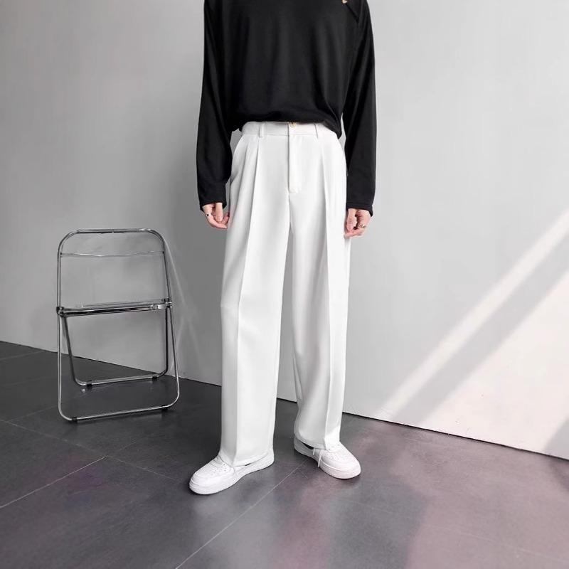 Mens American Style White Loose Straight Floor Drape Casual Suit Pants