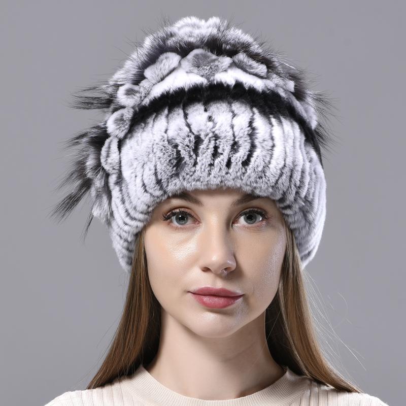New Luxury Women Fur Hat For Winter Handmade Natural Rex Rabbit Fox Fur Cap Fluffy Female Fur Headgear Brand Warm Beanies Cap