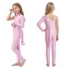 Girls Cat Cosplay Leotard Jumpsuit Sparkly Rhinestones Asymmetrical Sleeves with Tail Long Pants and Bowtie for Halloween Costume Party