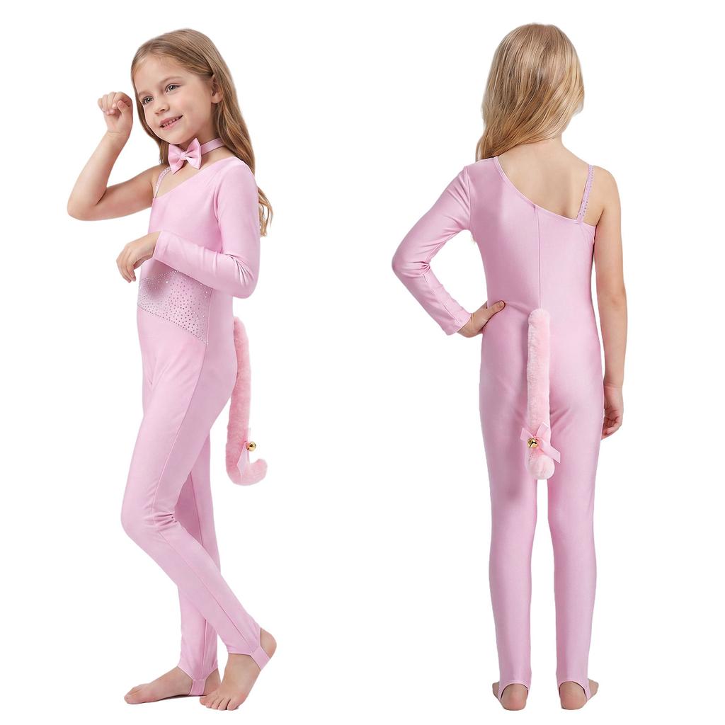 Girls Cat Cosplay Leotard Jumpsuit Sparkly Rhinestones Asymmetrical Sleeves with Tail Long Pants and Bowtie for Halloween Costume Party