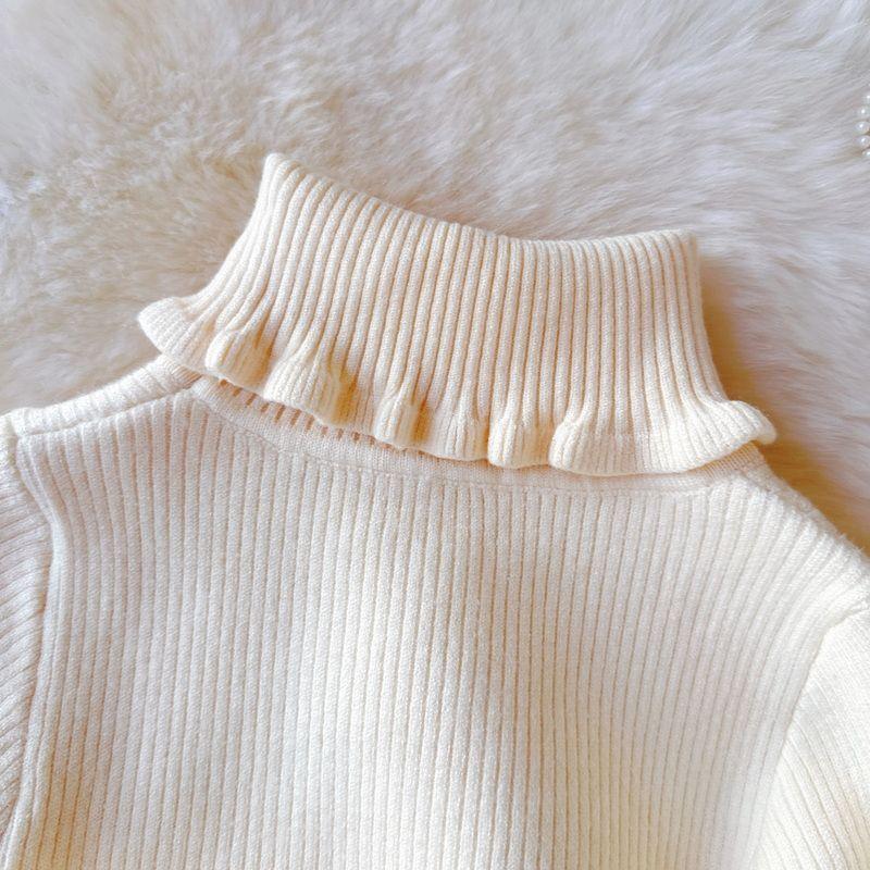 Pull pour filles à col montant et col en dentelle Hiver Une pièce Velours Pull pour enfants de couleur unie avec pull en velours épais