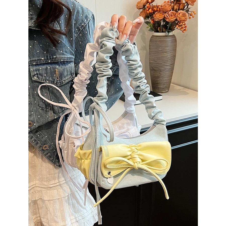 Fashion Pleated Bow Women Bag  Summer Simple All-Match Zipper Shoulder Bags Lady Denim Small Handbag