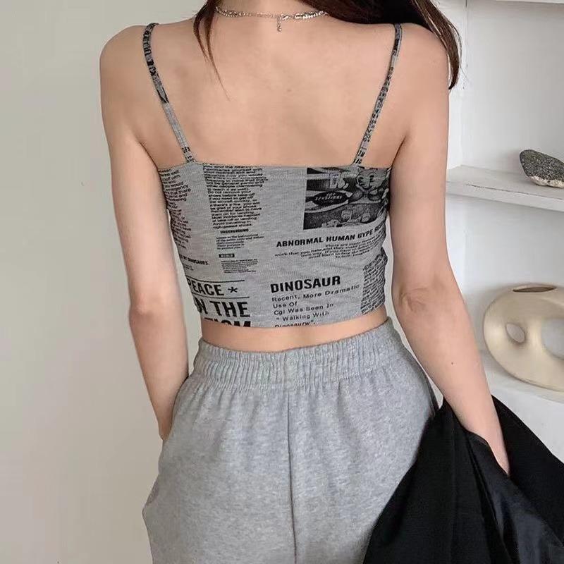 Women Push Up Camisole Padded Bra Sexy Top Suspender Tanks Fashion Printed Newspaper Female Soft Sleeveless Tube Tops