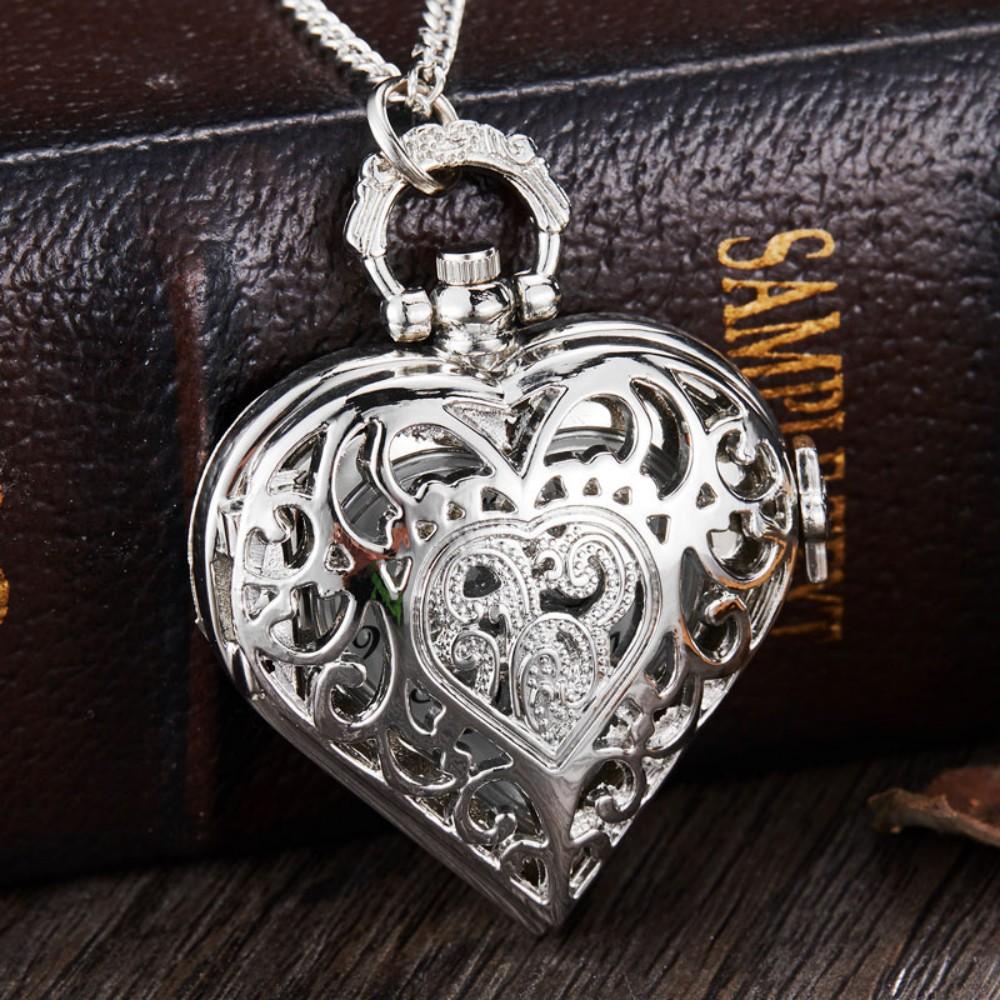 

Romantic Silver Heart Shape Design Necklace Pendant Exquisite Quartz Pocket Watch FashionGift Fashion Clock For Female Ladies срібний