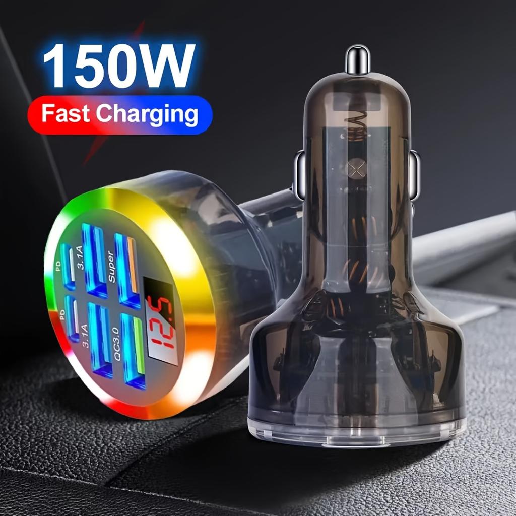 Cyberpunk RGB Car Charger with Voltage Display - 150W Fast Charging 7-Port USB Type-C Adapter for Multiple Devices