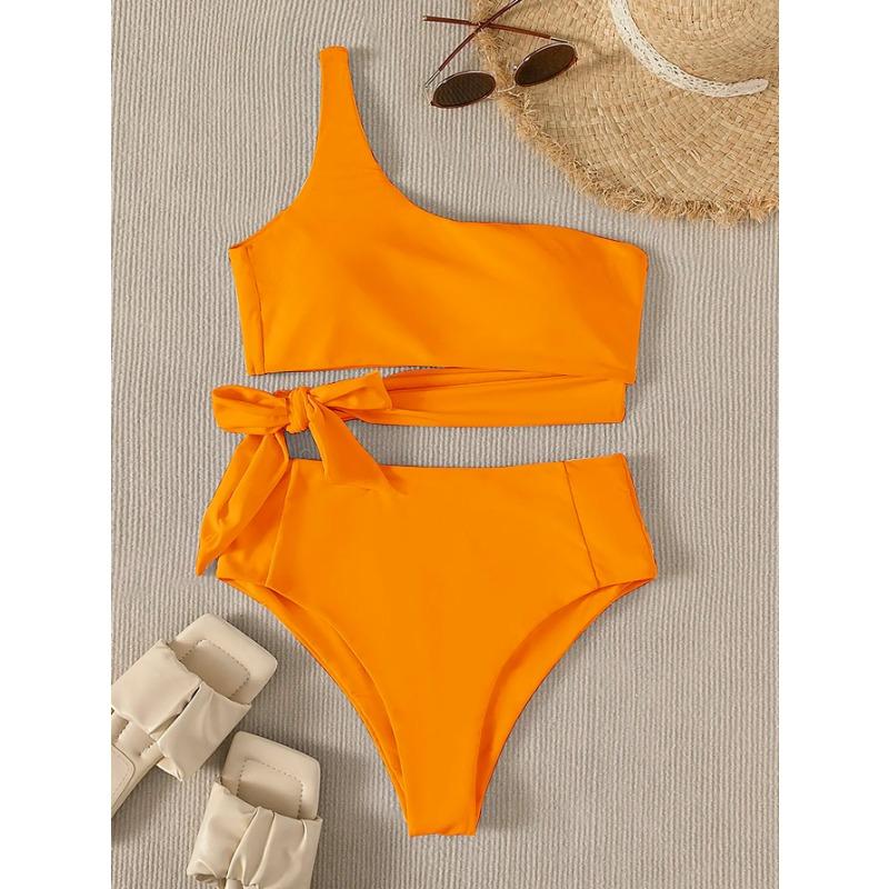 Skinny suspender bikini resort island bright swimsuit with one shoulder