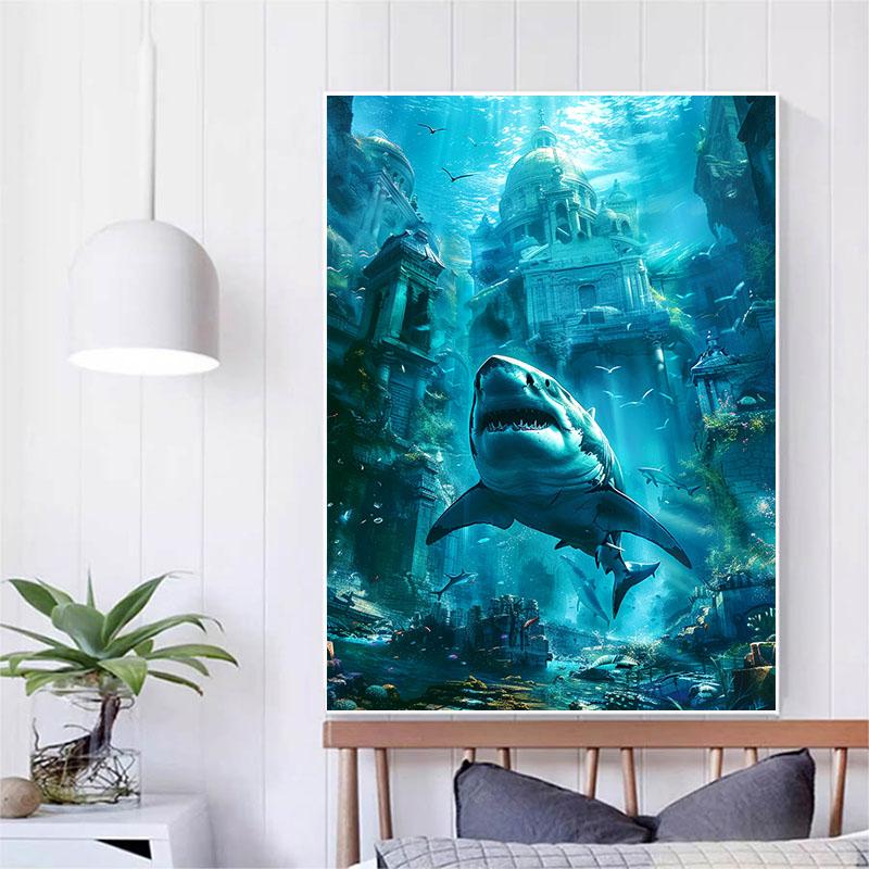 5d DIY Diamond Painting Cross Stitch Underwater World Sharks Diamond Embroidery Mosaic Full Round Drill Home Decor Arts