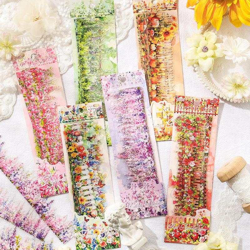 10 Pcs Long Strip Plant Flowers Stickers Pack Creativity Adhesive Diy Diary Album Scrapbooking Material Planner Craft Supplies