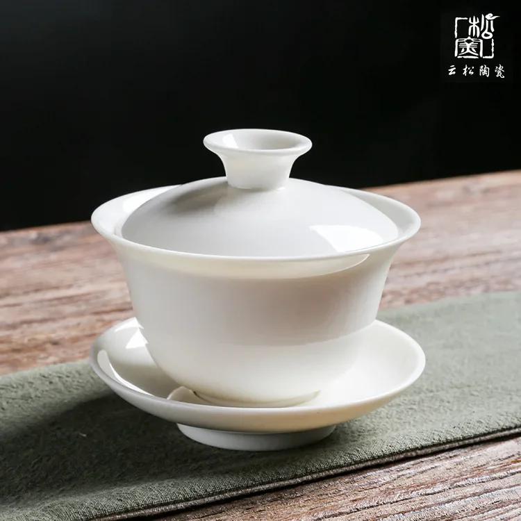 Ceramic Whiteware Cover Bowl Three-Force Tea Bowl Jade Porcelain Cover Cup Large Kung Fu Tea Set  Ceramic Gaiwan