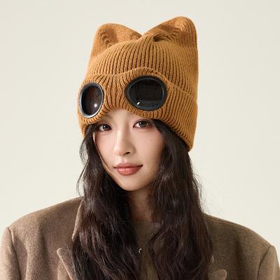 Winter Cat Ears Knitted Cap Aviator Glasses Wool Cap Velvet Warm Eye Protection Cap