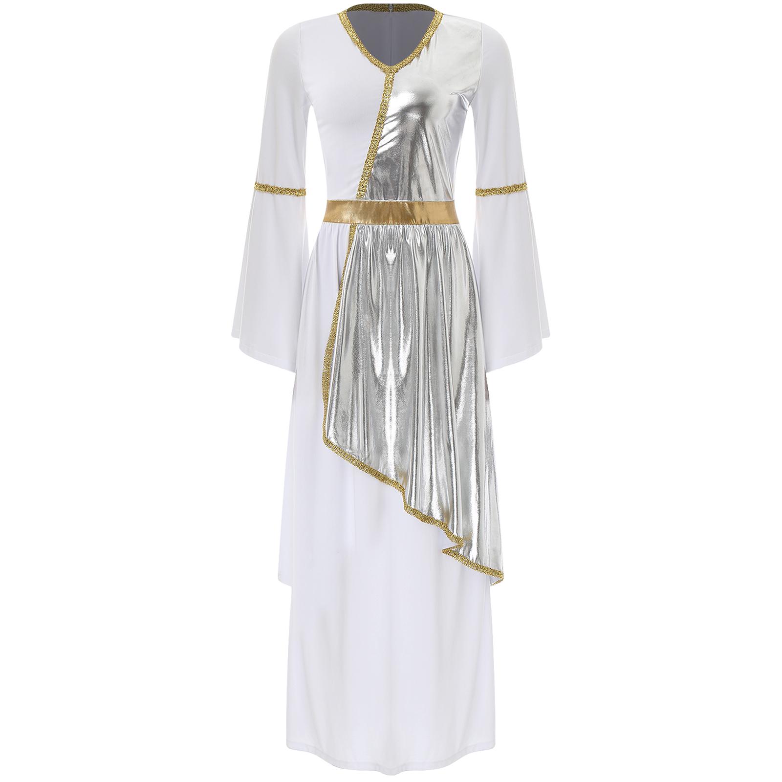 

Womens Roman Greek Beauty Toga Dress V Neck Flare Sleeve Metallic Shiny Overlay Gold Trim Robe Halloween Costume S срібний
