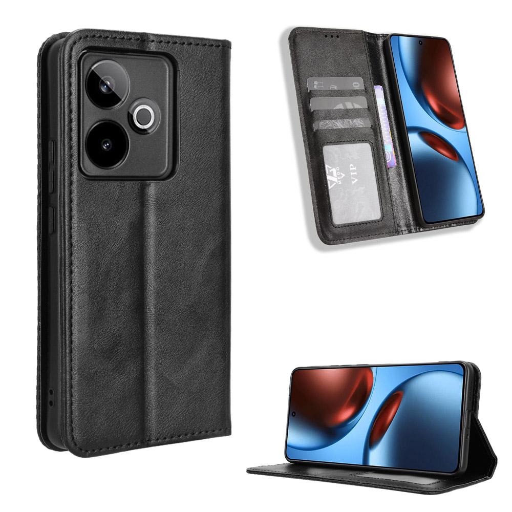 

For Realme GT7 5G (China)/Realme GT 7 5G Leather Case Wallet Stand Retro Texture Phone Cover Black