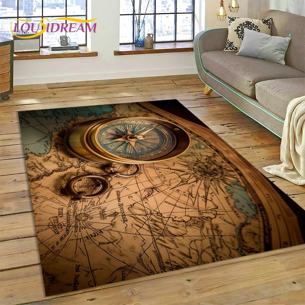 Ancient Nautical Chart World Map Compass Rug Carpet for Living Room Bedroom Decor,Floor Mat Non-slip Decoration for Sofa Doormat