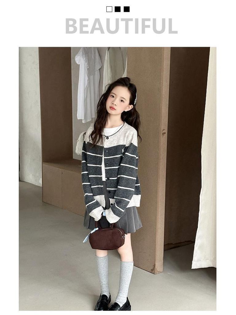2025 Girls' Striped Knit Cardigan Sweater - Trendy Spring & Autumn Fashion for Big Children