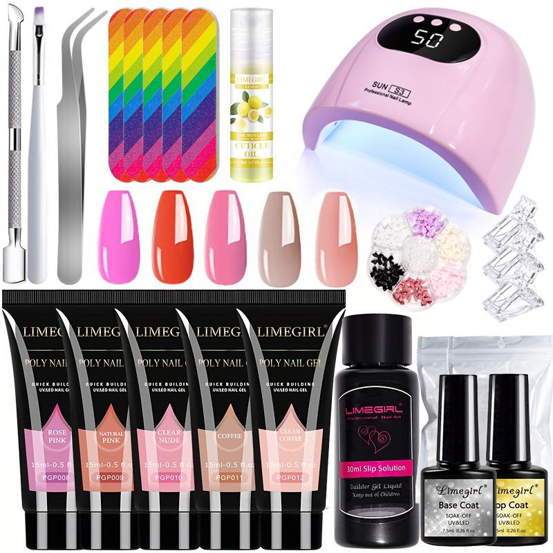 5 Color Gel Nail Polish Kit with Extender Gel, Cuticle Oil, LED Lamp, Cartoon Charms, Nail Tips, Tweezers Set