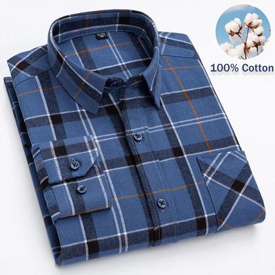 New 100% Cotton Brushed Long Sleeved Shirts for Men Slim Fit Formal Soft Plaid Casual Blouses Business Designer Checked Clothes
