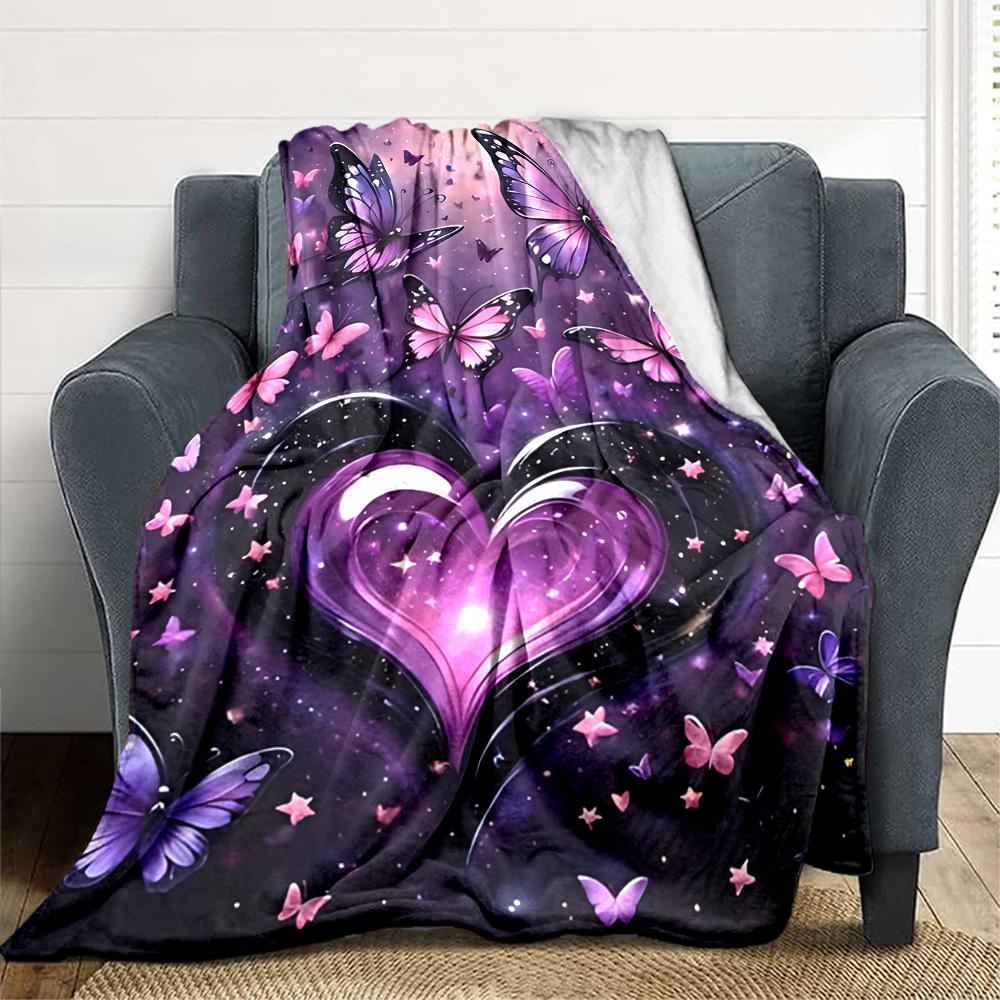 1pc Butterfly Heart Print Blanket   Lightweight Flannel Throw Blanket For Sofa, Bed, Living Room, Office, Outdoor Travel, Camping