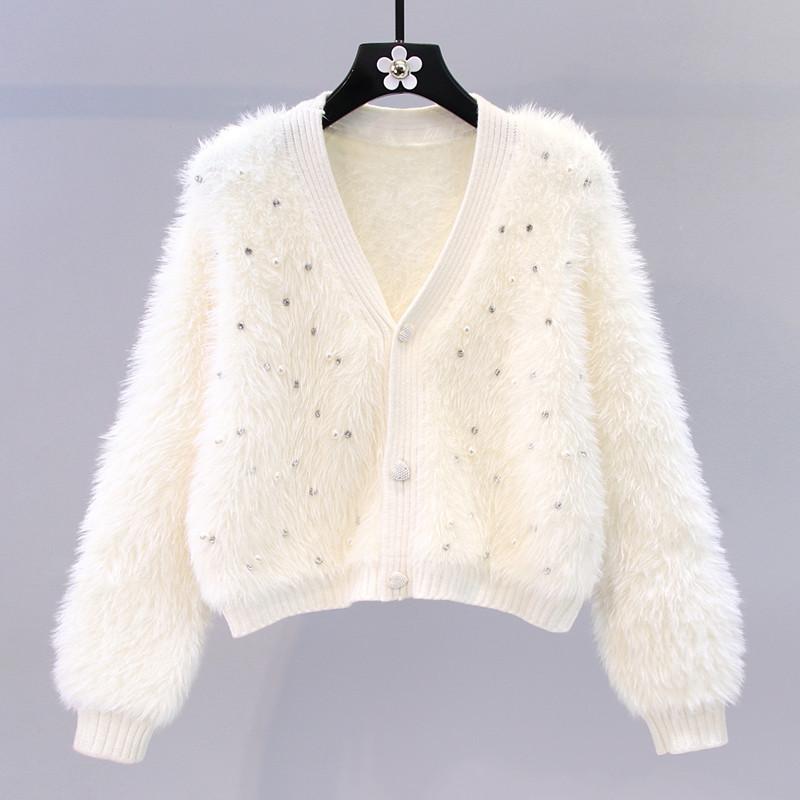Small Perfume Style Beading Imitation Mink Velvet Sweater Jacket Women Loose Short V-neck Knitted Cardigan Comfortable Versatile and Fashionable