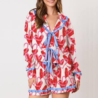 Women Valentine's Day Pajamas Sets Satin Bow Tie Front Pj Set Long Sleeve HeartBow Print Shirts Shorts Loungewear Casual Outfits