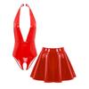 Women Patent Leather Lingerie Set Halter Top Deep V Leotard Crotch Opening Mini Skirt Rave Clubwear
