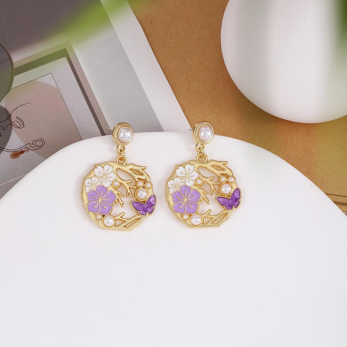 Серьги-капли «Гуочао Ретро Кот», Асимметричные серьги-веера с цветочным антикварным дизайном