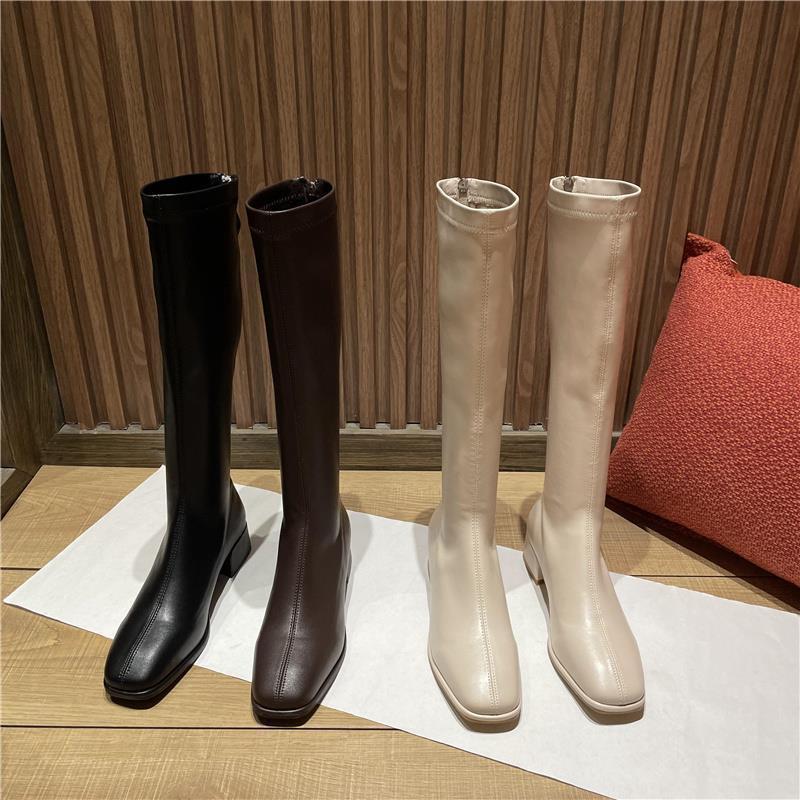 Square head long tube year knee single knight boots autumn shoes spring thick heel high boots women but