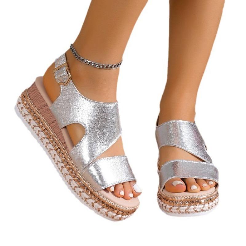 Hot Selling Sandals Platform Shoes for Women 2025 Summer Peep Toe Wedge Women's Silver Luxury  Hemp Light Casual Ladies Sandal