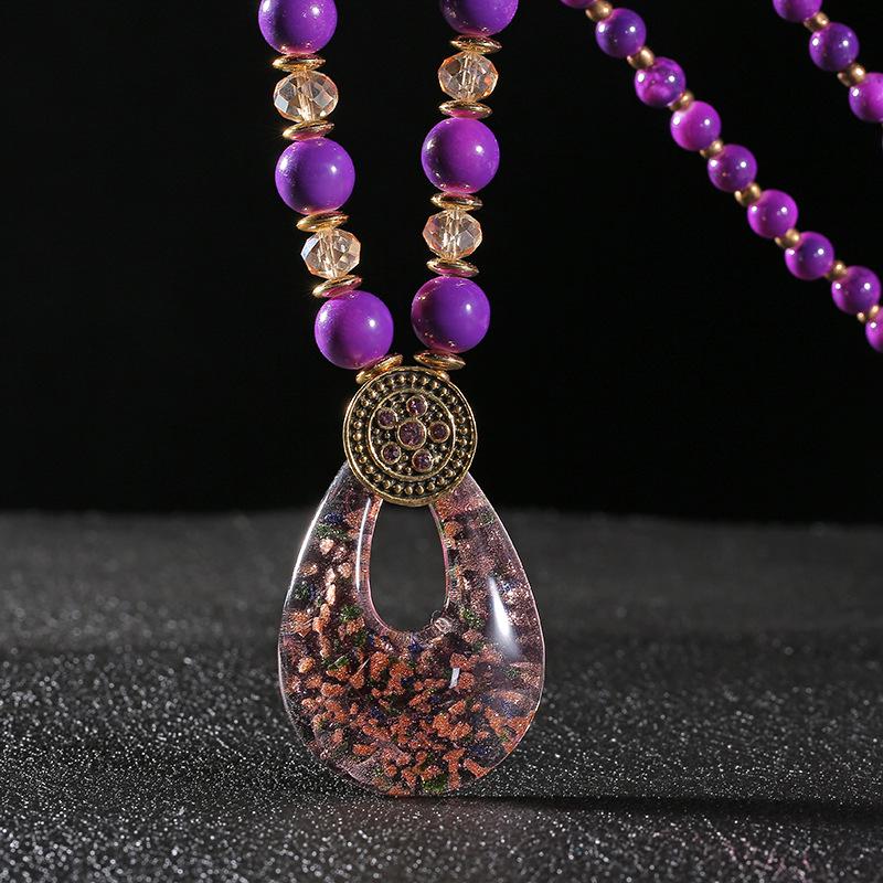 

Этническое колье-цепочка для свитера с подвеской-каплей и бусинами