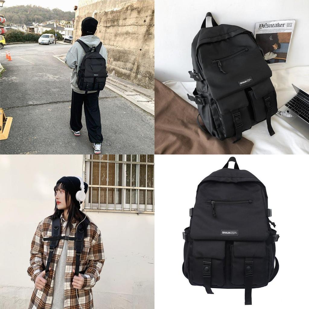 Korean Ins Harajuku Street Style Fashionable Black Backpack Waterproof Unisex 19-inch Size
