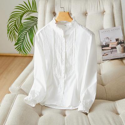 Black Fungus Neck Long Sleeve White Shirt for Women New Embroidered Top Temperament Lady Pure Cotton Shirt
