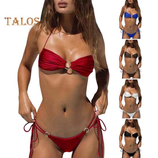 Women's Two Piece Swimsuit Halter String Triangle Bikini Set Metal Ring Pleated Bathing Suit Cutout Beachwear for Vacation Party