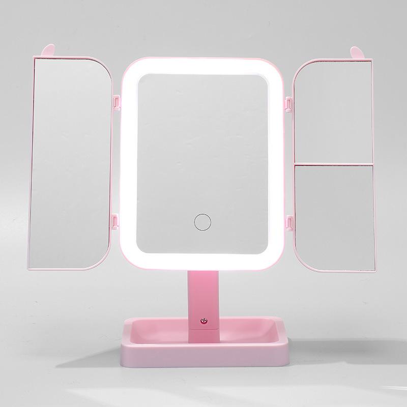 LED-Lit, Double-Sided, Triple-Fold Makeup Mirror with Rotating Desktop Stand and Three-Color Dimming for Girls