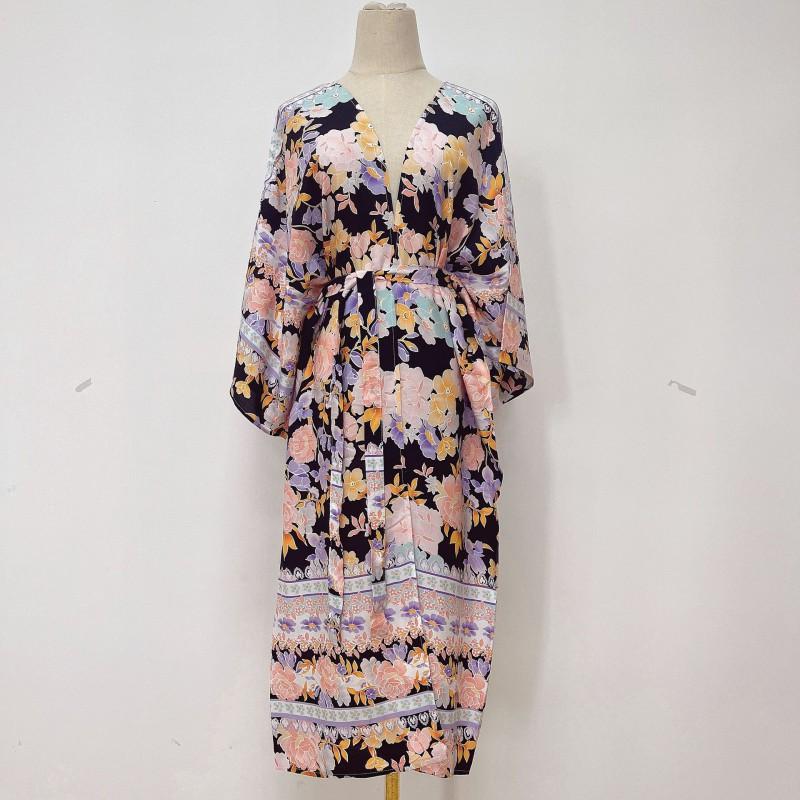 Womens Cotton Beach Cover Up Dress With Floral Print Lightweight Kimono Style Swimwear Overlay