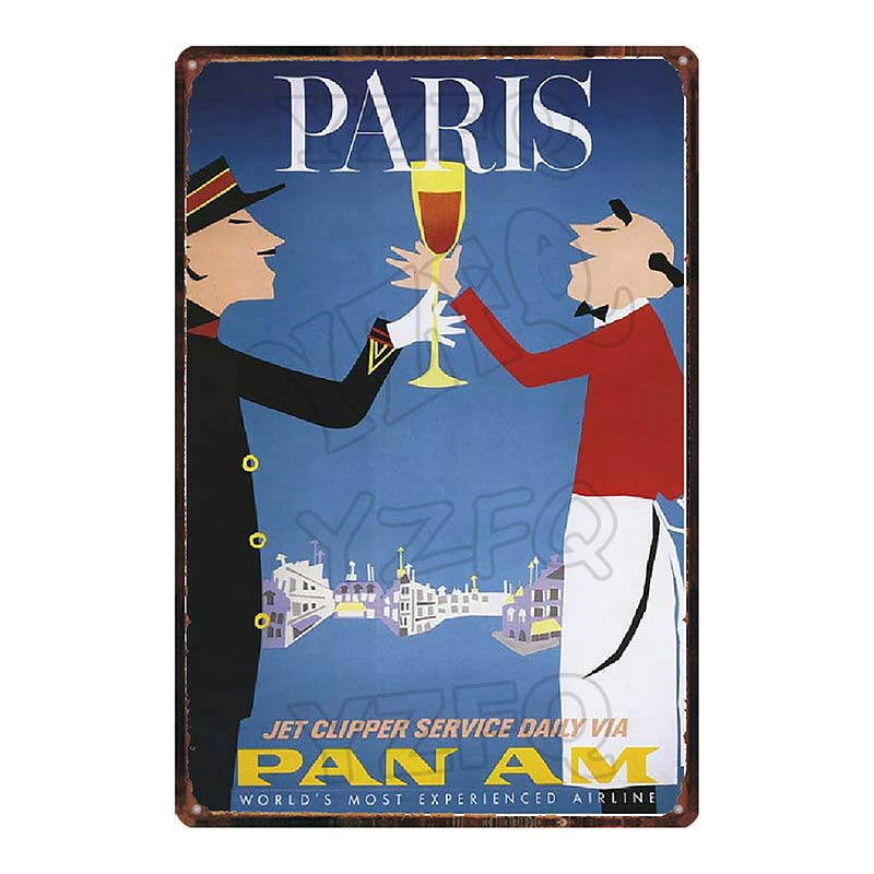 YZFQ Paris  Champagne Plaque Metal Vintage Wine Tin Sign  Travel Souvenir  Wall Bar Art Restaurant Home Decor 30X20CM DU-6307A
