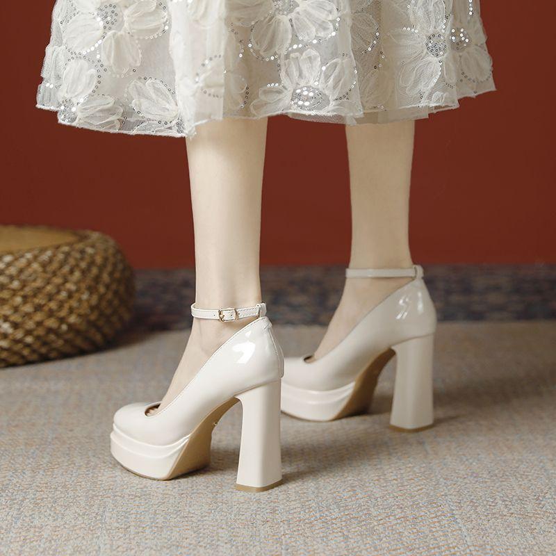 Small white high heels women thick heels not tired feet patent leather host car show model waterproof table super high heel single shoes