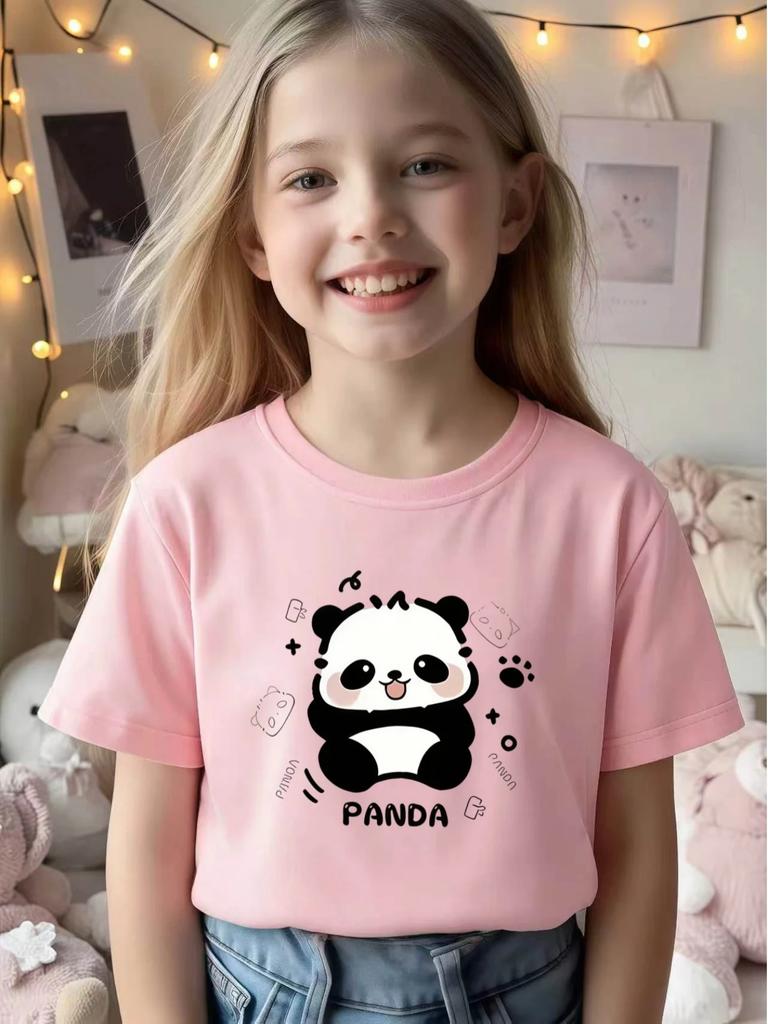 Süßes Cartoon-Panda-Print Kinder Kurzarm-T-Shirt Rundhalsausschnitt Lässiges Sommer-Top Süße Tier-Grafik Kinder-T-Shirt Für Jungen Mädchen