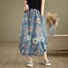 Vår Høst Kvinner Midi Denim Skjørt Elastisk Midje Blomstertrykk Vintage Skjørt Retro Elegant Dameskjørt Med Lommer