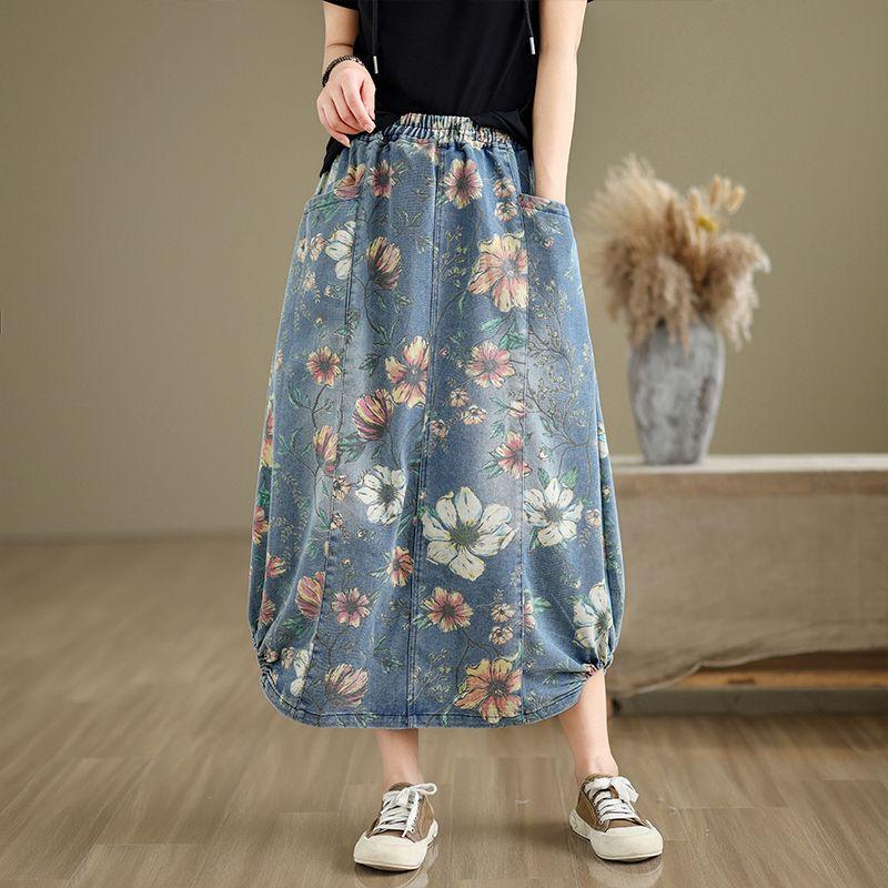 Vår Høst Kvinner Midi Denim Skjørt Elastisk Midje Blomstertrykk Vintage Skjørt Retro Elegant Dameskjørt Med Lommer