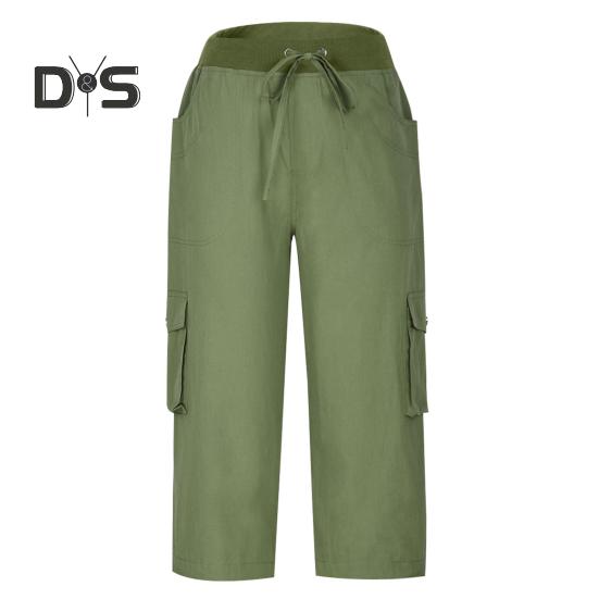 Cropped-Hose für Damen, elastischer Bund, verstellbarer Kordelzug, Wander-Cargohose mit mehreren Taschen, einfarbig, Kletterhose