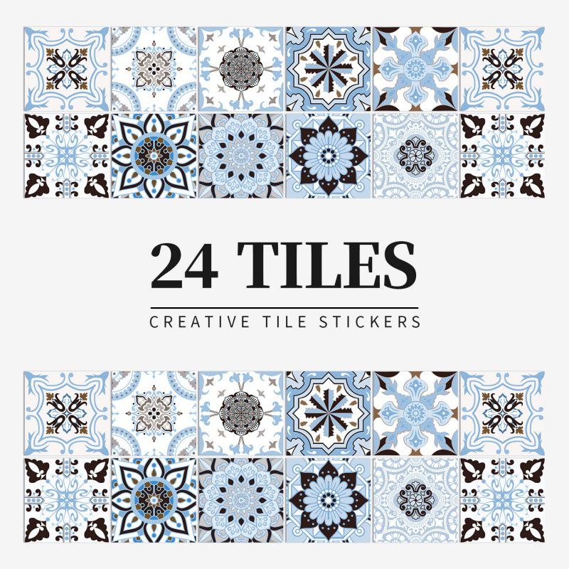 24 European Mandala Flower Tile Stickers: Waterproof, Self-Adhesive PVC for Kitchen & Bathroom Walls