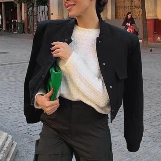 Women Casual Jacket Long Sleeves Stand Collar Solid Color Button Closure Drop Shoulder Large Pocket Short Ladies Female Bomber Cropped Coat Outwear