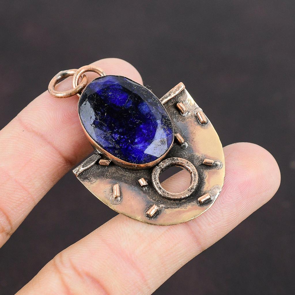 Faceted Blue Sapphire Copper Pendant Excellent Quality Gemstone Pendant Copper Jewelry Handmade Pendant Jewelry For Gifts Amazing Pendant