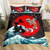 Japanese Goldfish Duvet Cover Set Fantasy Yin Yang Cherry Blossom Flowers Comforter Cover Set Blue Sea Wave Breathable Bedding