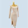 Export Single Fashion Wind Pure Color Split Long Sleeve Slim-Fit Figure Flattering Sheath Mid-Length Knitting Dress Sweater Female