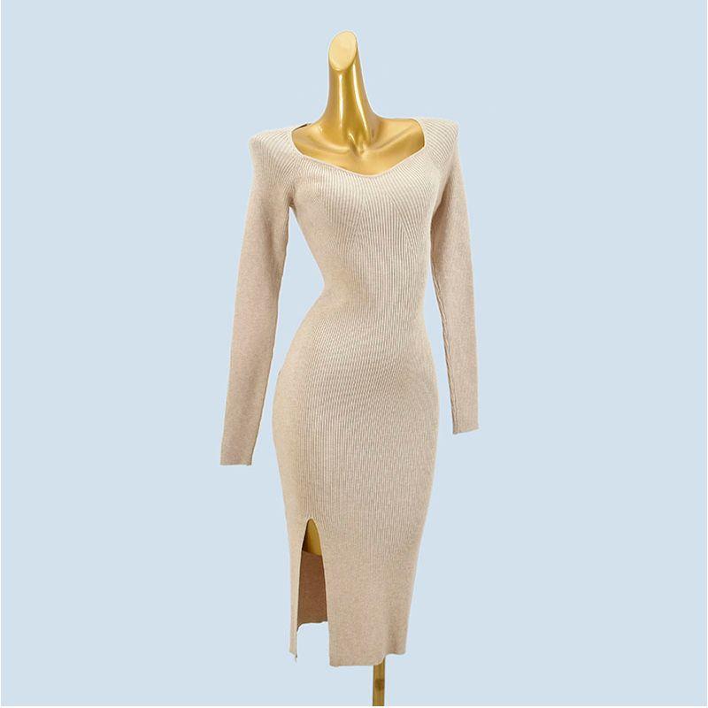 Export Single Fashion Wind Pure Color Split Long Sleeve Slim-Fit Figure Flattering Sheath Mid-Length Knitting Dress Sweater Female