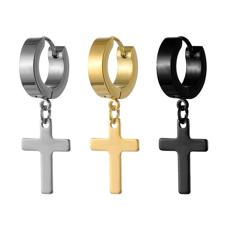 2PC Men Punk Cross Stars Dangle Earrings Women Gothic Stainless Steel Cross Ear Stud Earrings Piercing Huggies Pendant Zircon