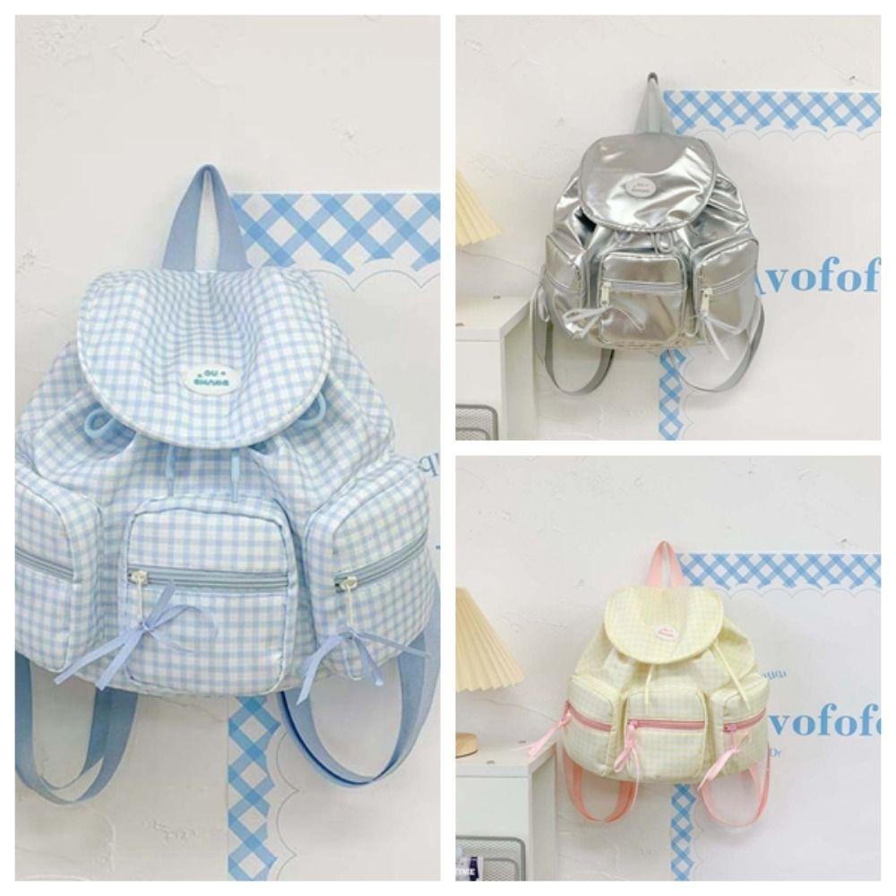 Sweet Women Daily School Bag Large Capacity Silver PU Daypack Korean Drawstring Backpack  Outdoor